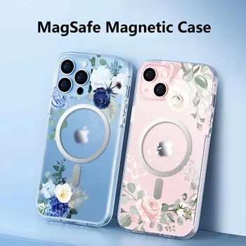 Для Magsafe Магнитный Беспроводной Чехол Для Зарядки Magsafe Charger Iphone 11 12 13 Pro Max 12mini 13mini С Цветочным Узором Прозрачная Крышка
