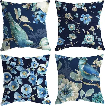 Темно-синяя наволочка с украшением в виде цветка и птицы, наволочка, квадратная льняная наволочка, винтажное украшение кровати в семейной гостиной