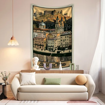 Винтажная открытка Гобелен с принтом немецкого здания Ретро-декор комнаты Эстетичный Настенный фон для спальни Диван-одеяло