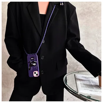 Черный кот, ожерелье через плечо, шнур, ремешки для телефона, чехол для iPhone 15 14 13 12 11 Pro Max Plus