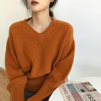 сексуальный укороченный свитер с v-образным вырезом, корейские свободные пуловеры сладкой вязки, женский вязаный свитер с напуском, женские топы