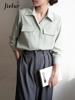 Зеленая базовая рубашка Jielur с длинными рукавами, женские повседневные рубашки в корейском стиле, Женские Новые весенние пуговицы, Свободная элегантная офисная женская блузка