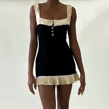 Летнее сексуальное мини-платье в стиле пэчворк, бретельки на пуговицах, плиссированные облегающие платья на шнуровке для женщин, Уличная одежда Paty Club, Vestidos