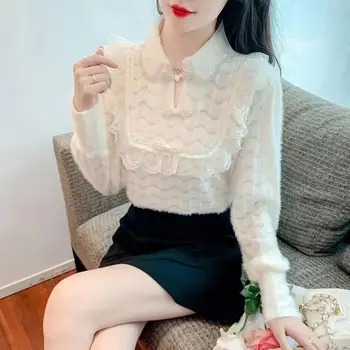 Женская одежда, однотонная блузка, Корейская мода в стиле пэчворк, кружевная рубашка с полувысоким воротником, весна-осень, приталенная рубашка для поездок на работу, Новинка T781