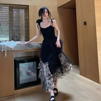 Черное сексуальное платье на подтяжках, женская юбка средней длины для похудения, ретро китайская живопись маслом, элегантное кружевное платье