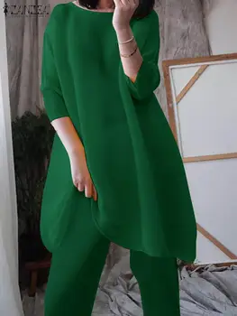 ZANZEA/ Модный однотонный комплект из 2 предметов, женские брючные комплекты, праздничные топы с коротким рукавом, повседневные брючные костюмы со свободной резинкой на талии