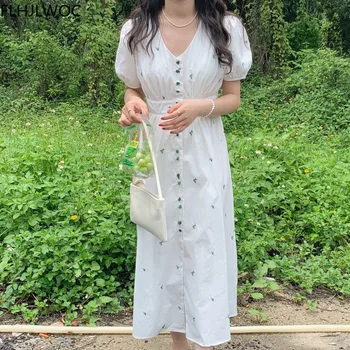 Шикарная Корейская модная одежда, женственные платья, однобортное длинное платье-рубашка Макси с ярко-белой вышивкой в цветочек