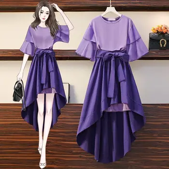 Модный летний комплект-двойка 2023, однотонный фиолетовый, с короткими рукавами, Асимметричная узкая юбка на шнуровке длиной до икр, оверсайз 4XL