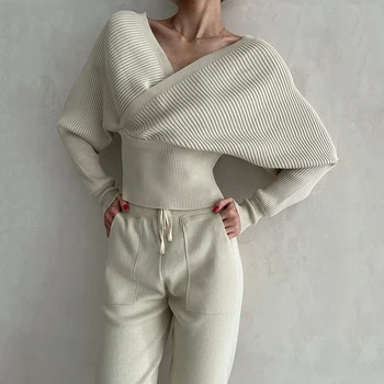 Элегантный Однотонный Комплект Для Поездок На работу, Женский Пуловер С V-образным вырезом и рукавами 