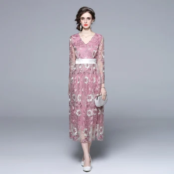 Летние сетчатые платья с цветочной вышивкой, женские вечерние платья из французского тюля с V-образным вырезом, розовые платья миди из тюля