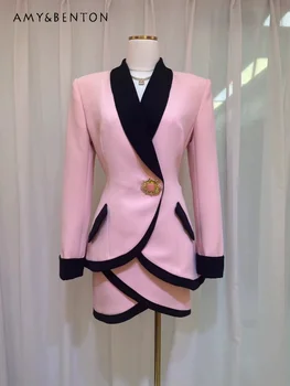 Весенняя новая мода, модный нерегулярный розовый костюм, жакет, юбки в стиле пэчворк, комплект из двух предметов, женская модная элегантная деловая одежда