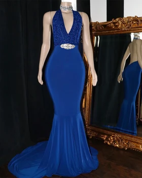 Синие сексуальные длинные черные платья для выпускного вечера для девочек с V-образным вырезом в стиле русалки, платья для выпускного вечера с открытой спиной