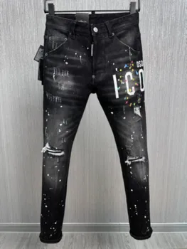 Весна /лето, новые модные мужские джинсы D2, выстиранные и поношенные, заплатка для дыр, 3D-крой, маленькие ножки синего цвета
