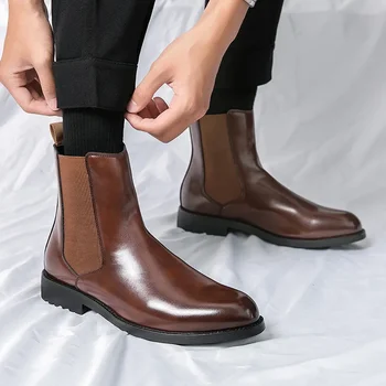 Мужские классические ботинки Челси в стиле ретро, мужские модные кожаные ботильоны, мужские короткие ботинки в британском стиле, повседневная обувь с высоким берцем 2024
