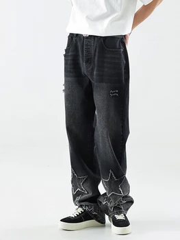 Мужская уличная одежда в стиле хип-хоп, джинсовые брюки-шаровары с вышивкой в виде звезд, черные мужские брюки, мужские джинсы Y2k, мужская одежда