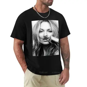 Кейт Мосс, Усы, черно-белая футболка с фотографией, топы больших размеров, футболки с графическими принтами, мужские однотонные футболки