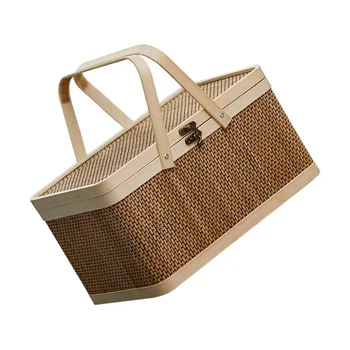 Бамбуковая корзина Плетеная корзина из натуральных материалов Бамбуковая корзина для пикника с крышкой Портативная корзина для хранения закусок и хлеба
