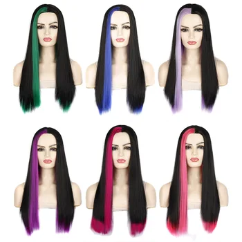 60 см Разноцветные парики из синтетических волос с челкой для женщин Парик из длинных прямых волос Натуральный аниме танец Косплей Вечеринка