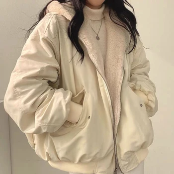 2023, Осенняя утепленная женская повседневная куртка с капюшоном, Зимние удобные двухслойные простые однотонные теплые милые пальто в корейском стиле