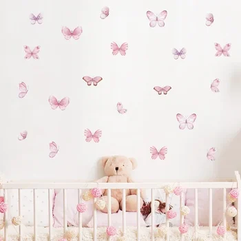 17шт Акварельные Нежно-розовые наклейки на стену с рисунком летающих бабочек для детской комнаты, наклейки на стены в детской комнате для девочек, декор