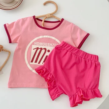 Одежда для маленьких девочек на 1-5 лет, Летний комплект одежды для девочек, Розовая футболка, шорты с рюшами, костюм для девочек, комплекты детской одежды