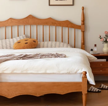 Кровать из массива дерева Nordic двуспальная кровать вишневого дерева современная простота