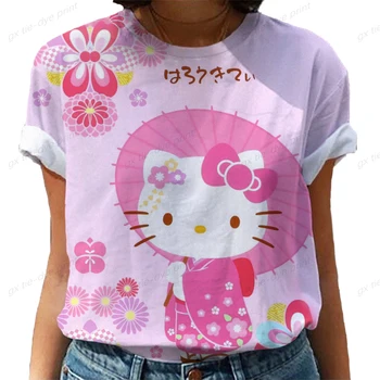Летние женские футболки, винтажные футболки с принтом Hello Kitty, женские топы 2023, футболка с круглым вырезом в стиле харадзюку, повседневная одежда оверсайз