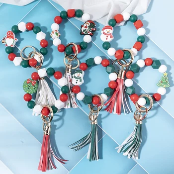 Рождество Санта-Клаус силиконовые 1шт бусины эластичные браслеты брелок для ключей кольца для женщин браслеты подарок Брелок наручные оптом