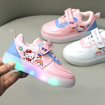 Светодиодная детская обувь для девочек, милая обувь с рисунком Hello Kitty для маленьких девочек, парусиновая обувь Kawaii, кроссовки с мягкой подошвой, повседневная обувь