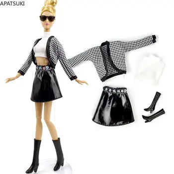 Комплект модной кукольной одежды в черно-белую клетку для куклы Барби, верхнее пальто, юбка, Ботинки для кукол 1/6 BJD, аксессуары для кукол