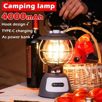 Портативный фонарь для кемпинга емкостью 4000 мАч, винтажная керосиновая лампа, праздничный декор для палатки, аварийные отключения электроэнергии в доме на открытом воздухе, в помещении