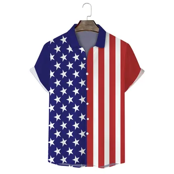 Мужская футболка с изображением флага Дня независимости с 3D цифровой печатью, пуговица на лацкане, рубашка с коротким рукавом, винтажный бизнес