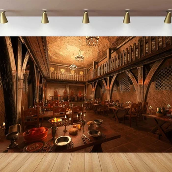 Фон для фотосъемки средневековой таверны-бара, фантазийный обеденный зал со столами, накрытыми для большого застолья, Древний фон для оформления вечеринки