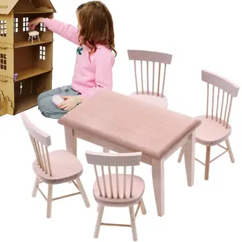 Стол для кукольного домика, 4 стула и 1 столик, деревянная Сказочная мебель, мини-модель столика для ролевых игр, аксессуары для кукольного домика, Кухня
