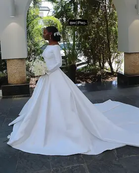 Простые свадебные платья трапециевидной формы со шлейфом в стиле собора, элегантные свадебные платья из атласа с длинными рукавами, вечерняя одежда для африканских женщин