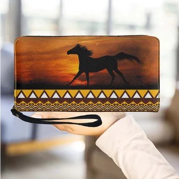 Кошелек с племенным рисунком бегущей лошади 3D на шнурке Новая Женская кожаная Длинная сумка для денег Изысканный кошелек-клатч для банковских карт