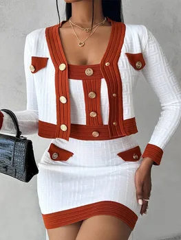 Комплект из новой контрастной вязаной майки и шорт с кардиганом из трех модных повседневных предметов для женщин, элегантной женской