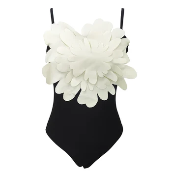 Женские цельные купальники черного цвета с преувеличенным 3D цветочным дизайном, пляжная одежда, элегантный пляжный купальник, одежда для серфинга с открытой спиной