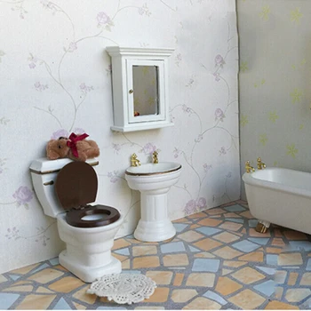 Белый кукольный домик в масштабе 1/12, миниатюрная ванная комната, декор деревянной мебелью