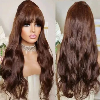 RONGDUOYI Длинноволновый шоколадно-коричневый синтетический парик на кружеве Спереди, Распущенные волнистые Длинные волосы с челкой, парики из волокнистого кружева Для ежедневного использования Женщинами