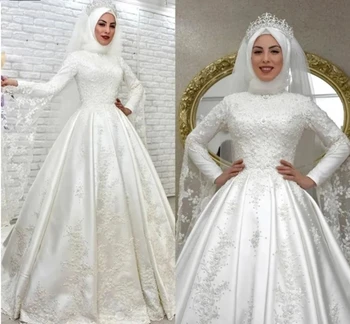 Мусульманские свадебные платья трапециевидной формы в Дубае, арабские Исламские свадебные платья Brial, Кружевные аппликации из бисера, Элегантное атласное праздничное платье на заказ