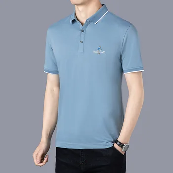 Летняя синяя мужская футболка с короткими рукавами Для молодых и средних лет, Рубашка с лацканами, Дышащая Шелковистая рубашка Поло с солнцезащитным кремом без железа