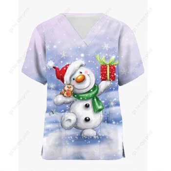 2022 Женская медицинская униформа с коротким рукавом и V-образным вырезом, топы, Мультяшная рабочая униформа медсестры, Рождественская футболка на День Благодарения, Enfermeria