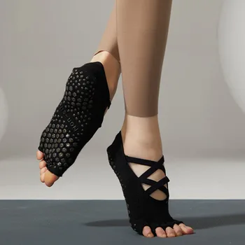 Носки для йоги с открытым носком, хлопковые в горошек, силиконовые нескользящие женские носки без пальцев для пилатеса