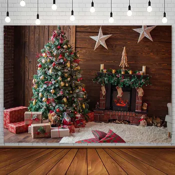 Зимний фон, Рождественская елка, камин, Подарочная свеча, звезды, доска, Рождественский фон для детской фотографии, Реквизит для фотостудии, фотозона.