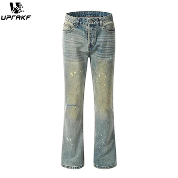 UPRAKF Базовые расклешенные джинсы с карманом, уличная одежда с брызгами чернил, панталоны, Летние джинсовые брюки, повседневная мода на Хай-стрит