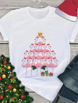 Футболка для женщин, футболки с принтом Санта-Клауса, модная повседневная одежда для девочек с круглым вырезом и коротким рукавом, топы с Рождественским подарком