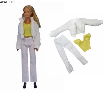 Белый Меховой Комплект Одежды для Куклы Барби, Модное Пальто, Желтая Футболка, Брюки Для Куклы Barbie 1/6 BJD, Аксессуары Для Кукол, Детские Игрушки