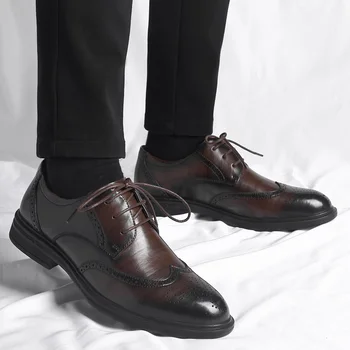 2023 Корейская версия кожаной обуви, Свадебная деловая официальная обувь, Мужская Повседневная комфортная Ретро-оксфордская обувь с острым носком на толстой подошве со шнуровкой