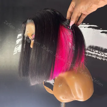 Выделите Розово-розовые Бесклеевые парики на кружеве спереди для женщин, Термостойкие волосы, короткий Боб, прямой, для косплея, цветной парик для повседневной носки